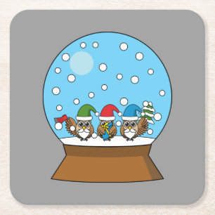 Porta-copo De Papel Quadrado Globo de Neve com Três Corujas Gnomo