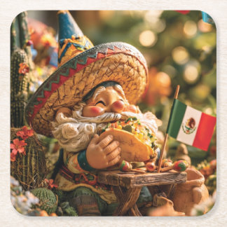 Porta-copo De Papel Quadrado Gnomo Mexicano Usando Um Sombrero Comendo Um Taco