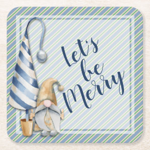 Porta-copo De Papel Quadrado Gnomo Natal no Feriado de Stripes Azuis