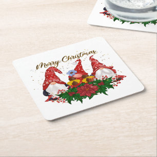 Porta-copo De Papel Quadrado Gnomos de Natal Poinsettia Floresta Caprichosa