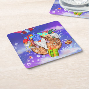Porta-copo De Papel Quadrado Gnomos de Natal Voando Balão e Dando Presentes 