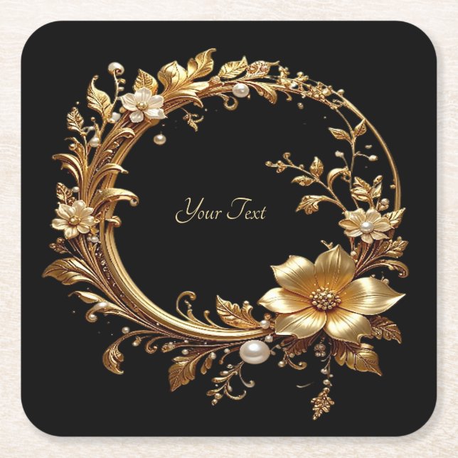 Porta-copo De Papel Quadrado Golden Floral Ornate Frame Paper Coaster (Frente)