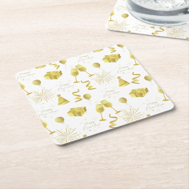 Porta-copo De Papel Quadrado Golden Happy New Year Pattern (Inclinado)