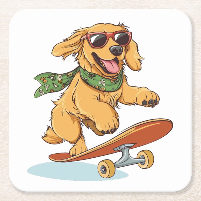 Porta-copo De Papel Quadrado Golden Retriever Dog Skateboarding (Frente)