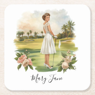 Porta-copo De Papel Quadrado Golf Mulher golfista no campo de golfe Nupcial