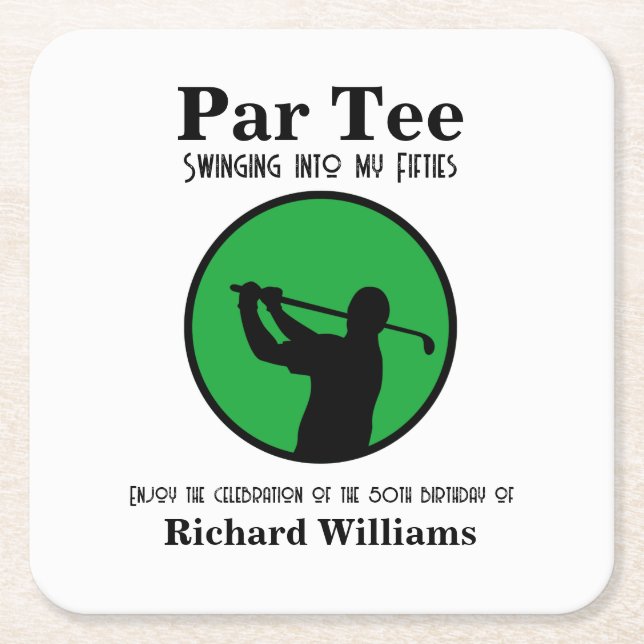 Porta-copo De Papel Quadrado Golf Player Swinging into My Fifties 50th Birthday (Frente)