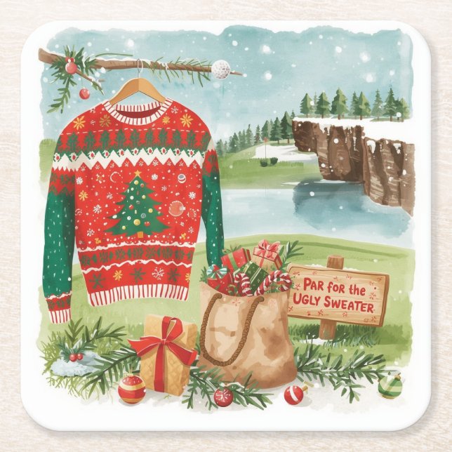 Porta-copo De Papel Quadrado Golf Ugly Sweater Christmas for golfer (Frente)