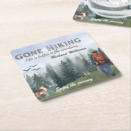 Porta-copo De Papel Quadrado Gone Hiking Life is Better Mountains Hiker Deer 