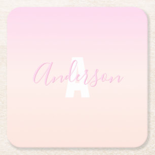 Porta-copo De Papel Quadrado Gradiente Ombre Rosa Claro e Bege Nome e Monograma