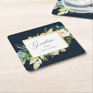 Porta-copo De Papel Quadrado Graduação Floral Blush Azul-Meia-Noite