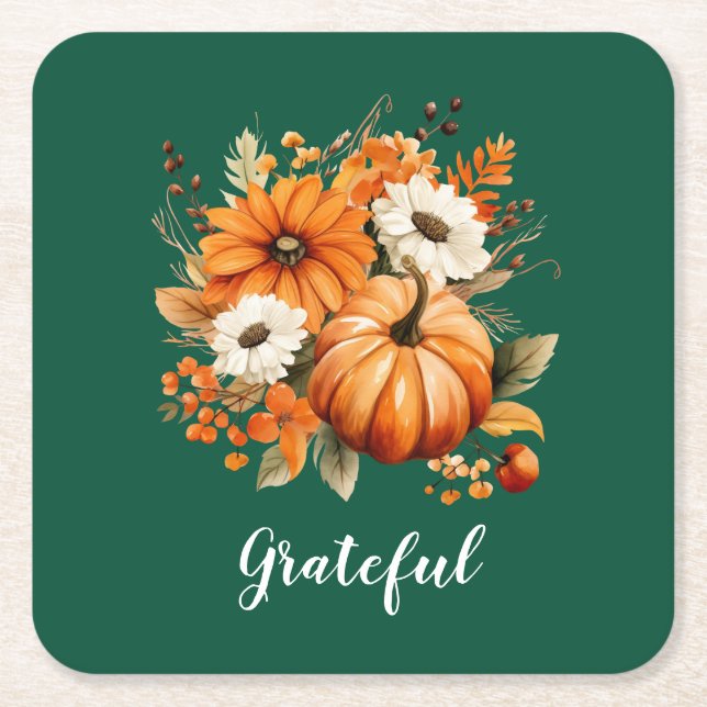 Porta-copo De Papel Quadrado Grateful Autumn Floral Pumpkin Green Square (Frente)