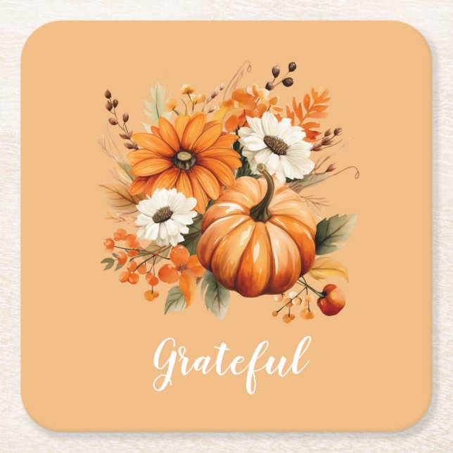 Porta-copo De Papel Quadrado Grateful Autumn Floral Pumpkin Orange Square (Frente)