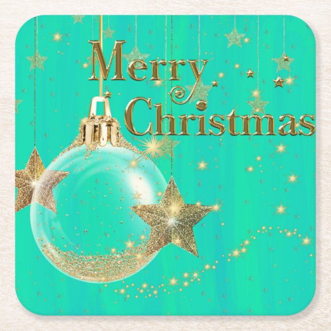 Porta-copo De Papel Quadrado Green and Gold Merry Christmas Paper Coaster (Frente)
