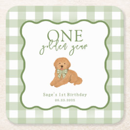 Porta-copo De Papel Quadrado Green Gingham One Golden Year First Birthday
