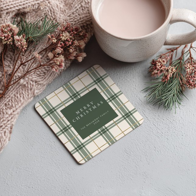 Porta-copo De Papel Quadrado Green Plaid Christmas Square Paper Coaster (Criador carregado)