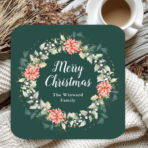 Porta-copo De Papel Quadrado Grinalda de Poinsettia Vermelha Feliz Natal