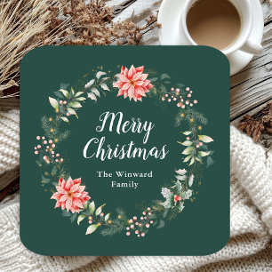 Porta-copo De Papel Quadrado Grinalda de Poinsettia Vermelha Feliz Natal