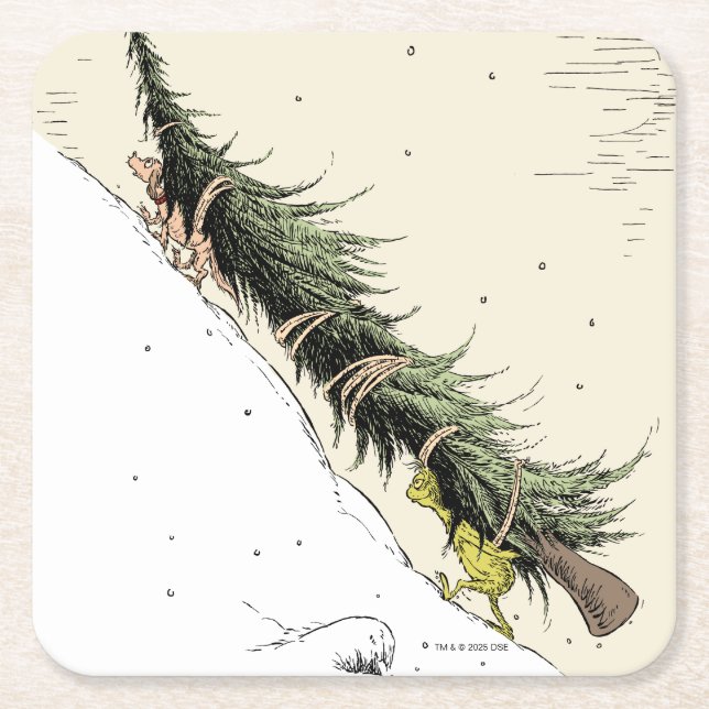 Porta-copo De Papel Quadrado Grinch & Max Devolvem a Árvore de Natal (Frente)