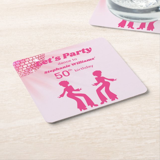 Porta-copo De Papel Quadrado Groovy Disco ball Pink Purple Womans 50th Birthday (Inclinado)