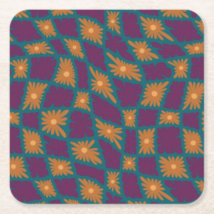 Porta-copo De Papel Quadrado Groovy Wavy Trippy 60s Flor Verifica Laranja Cor-d