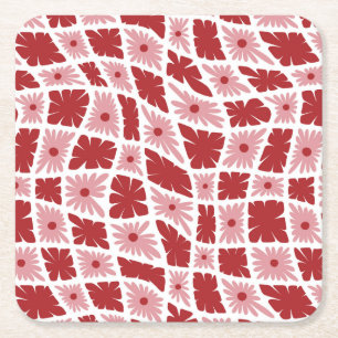 Porta-copo De Papel Quadrado Groovy Wavy Trippy 60s Flor verifica o vermelho ro