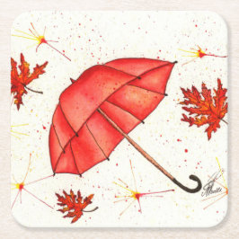 Porta-copo De Papel Quadrado Guarda-chuva vermelha brilhante e folhas vermelhas