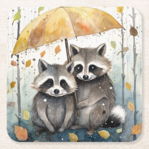 Porta-copo De Papel Quadrado Guaxinins Fofos na Chuva