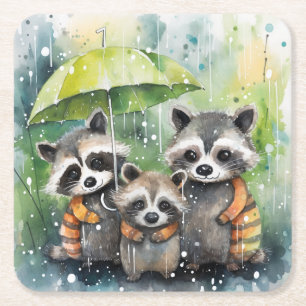 Porta-copo De Papel Quadrado Guaxinins Fofos na Chuva