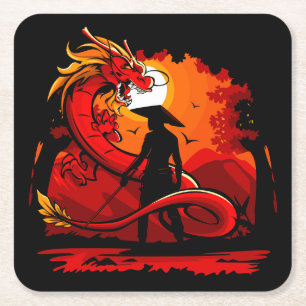 Porta-copo De Papel Quadrado Guerreiro legal e Colorido Samurai com Dragão