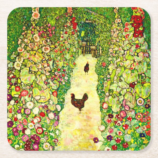 Porta-copo De Papel Quadrado Gustav Klimt Garden com Galinhas (Frente)