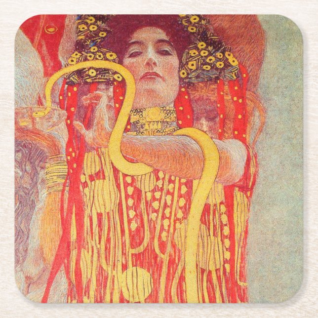 Porta-copo De Papel Quadrado Gustav Klimt Red Woman Dourada pintura Cobra (Frente)