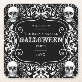 Porta-copo De Papel Quadrado Halloween Black White Damask Skull Gothic Personal