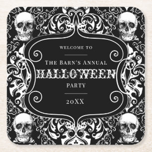 Porta-copo De Papel Quadrado Halloween Black White Damask Skull Gothic Personal
