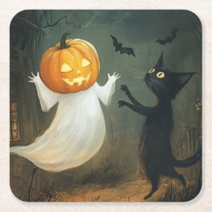 Porta-copo De Papel Quadrado Halloween Cat e Ghost
