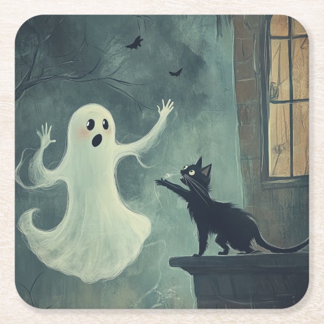 Porta-copo De Papel Quadrado Halloween Cat e Ghost (Frente)