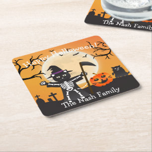 Porta-copo De Papel Quadrado Halloween Cat Grim Reaper