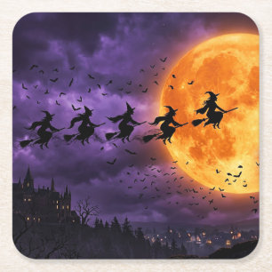 Porta-copo De Papel Quadrado Halloween com Lua e Bruxa