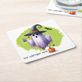 Porta-copo De Papel Quadrado HALLOWEEN Fantasma Com Um Chapéu De Bruxa E Uma Ab