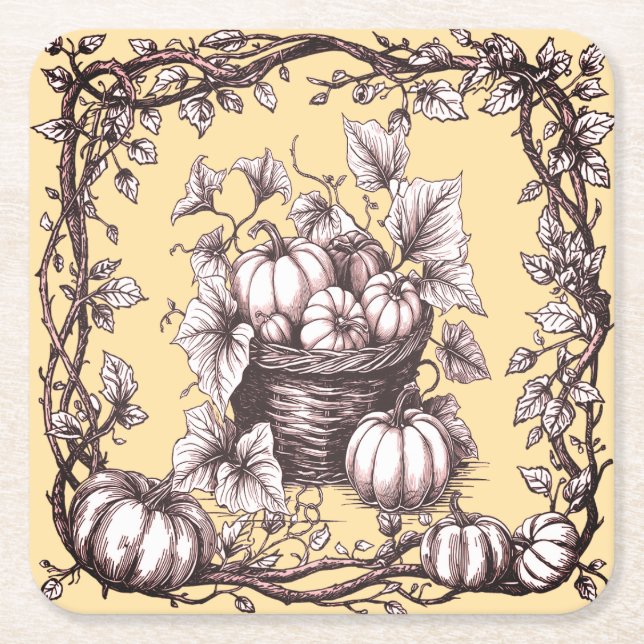 Porta-copo De Papel Quadrado Halloween Pumpkins com Folhas de outono (Frente)