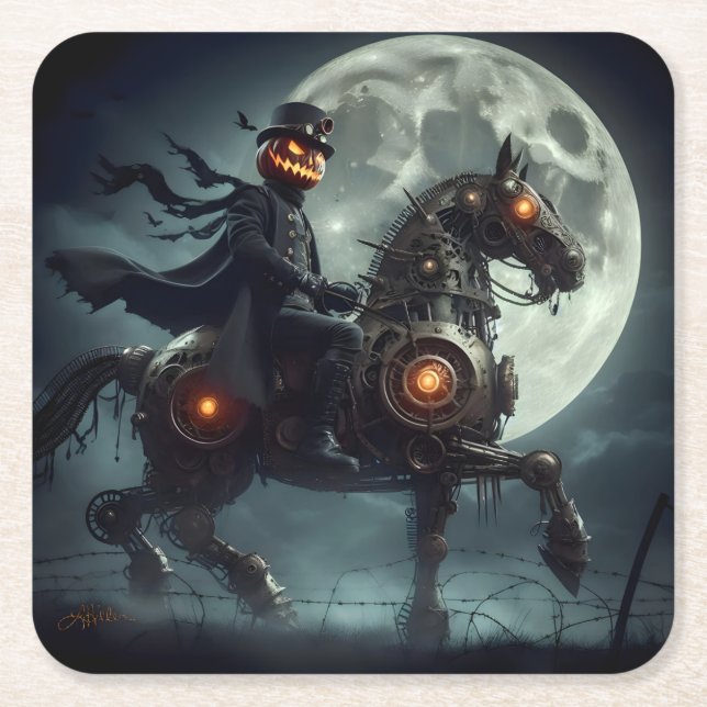 Porta-copo De Papel Quadrado Halloween Steampunk Cavaleiro Sem Cabeça (Frente)
