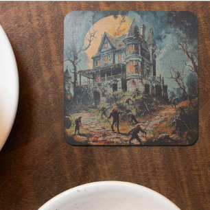 Porta-copo De Papel Quadrado Halloween Vintage Casa Assombrada Zumbi