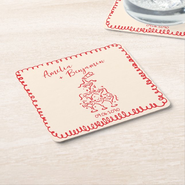 Porta-copo De Papel Quadrado Handwritten  retro Champagne Tower Wedding  (Inclinado)