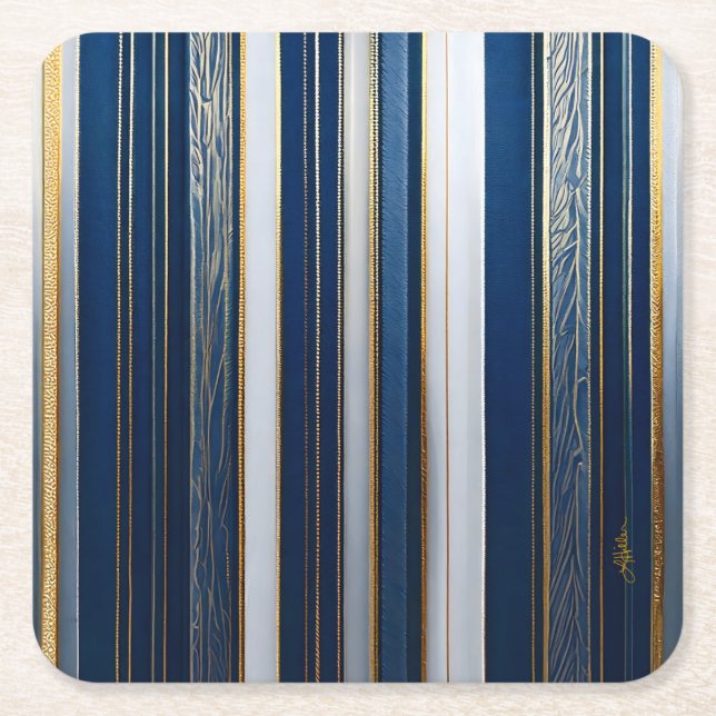 Porta-copo De Papel Quadrado Hanukkah Blues Stripes Azul Branco Dourado (Frente)