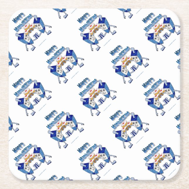 Porta-copo De Papel Quadrado Hanukkah Dancing Dreidels e Jelly Doughnut (Frente)