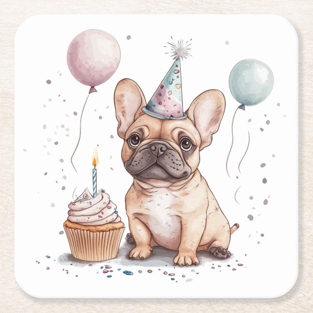 Porta-copo De Papel Quadrado Happy Birthday French Bulldog (Frente)