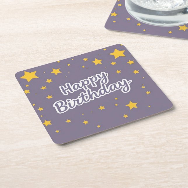 Porta-copo De Papel Quadrado Happy Birthday Gold Stars on Blue  (Inclinado)