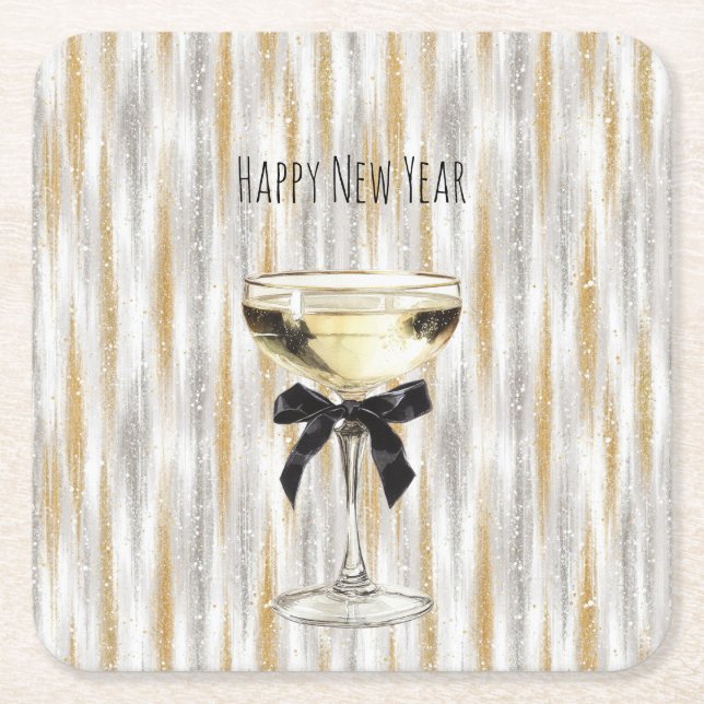 Porta-copo De Papel Quadrado Happy New Year Black Bow Gold Silver Champagne (Frente)