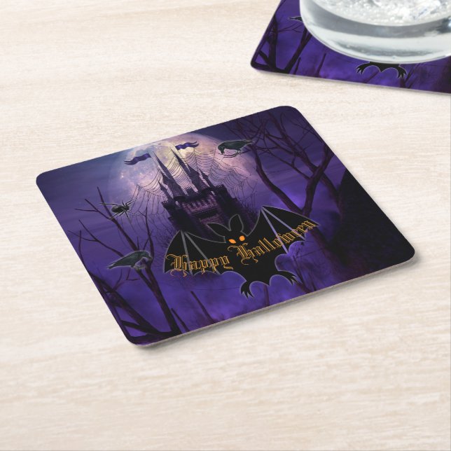 Porta-copo De Papel Quadrado Haunted Castle Halloween (Inclinado)