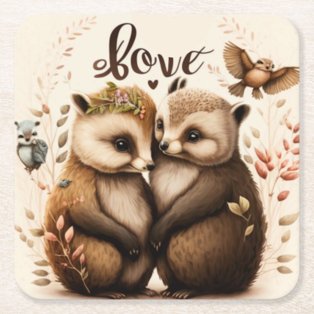 Porta-copo De Papel Quadrado Hedgehogs apaixonados (Frente)