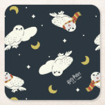 Porta-copo De Papel Quadrado Hedwig Nighttime Moonlight Pattern<br><div class="desc">Add a touch of whimsical wizarding charm with this adorable Hedwig the snowy owl pattern design. Featuring repeating illustrations of Hedwig soaring beneath crescent moons and twinkling stars, this playful all-over print captures the magic of nighttime deliveries from the Owl Post. Some Hedwigs are bundled up in cozy Gryffindor house-colored...</div>